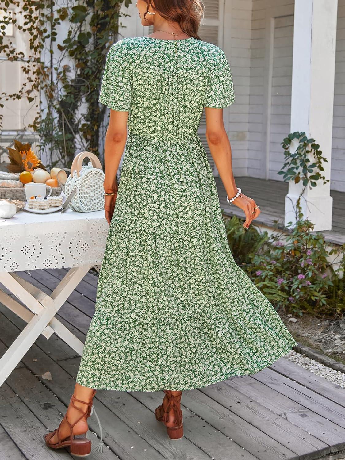 imageTEMOFON Womens Boho Maxi Dress Summer Floral Split V Neck Short Sleeve Casual Print Dresses Green L