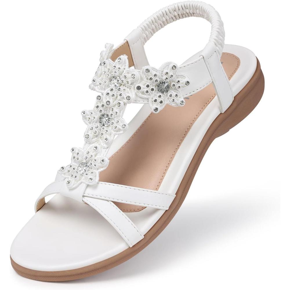 imageTEMOFON Flats Sandals for Women Dressy White Size 7 Summer Elastic Ankle Strap Flat Sandals Comfortable Beach for Woman
