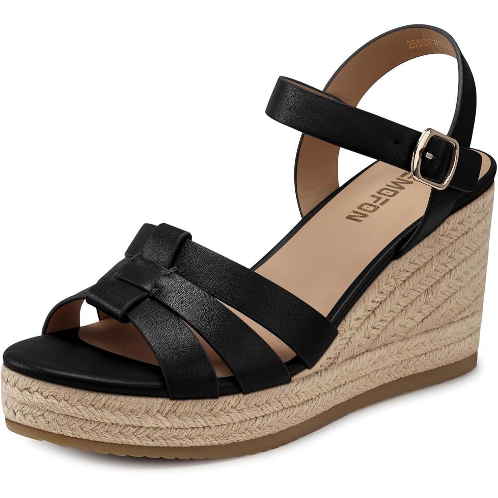 imageTEMOFON Wedge Sandals for Women Dressy Comfortable Espadrilles Wedges  Summer Walking Open Toe Strappy Platform Sandals38black
