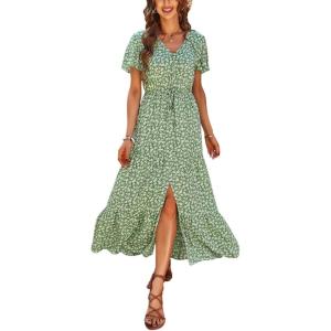 TEMOFON Women’s Boho Maxi Dress Summer Floral Split V Neck Short Sleeve Casual Print Dresses Green L