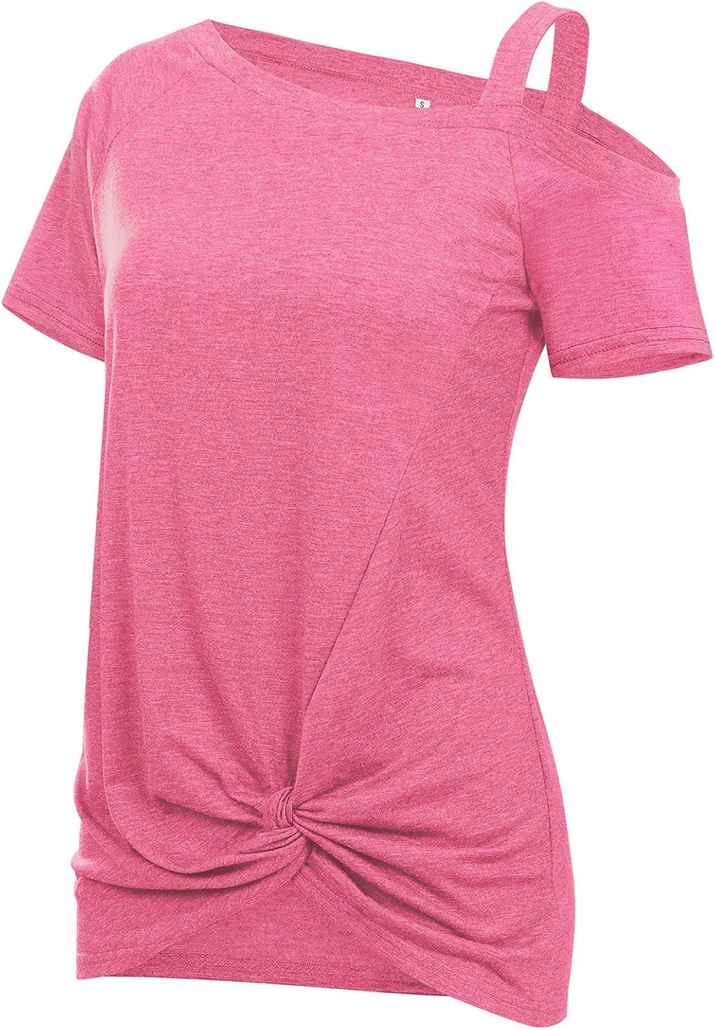 imageTEMOFON Women Cold Shoulder Tops Summer Short Sleeve Shirts Casual Twist Knot Blouse TShirt S2XL152pink