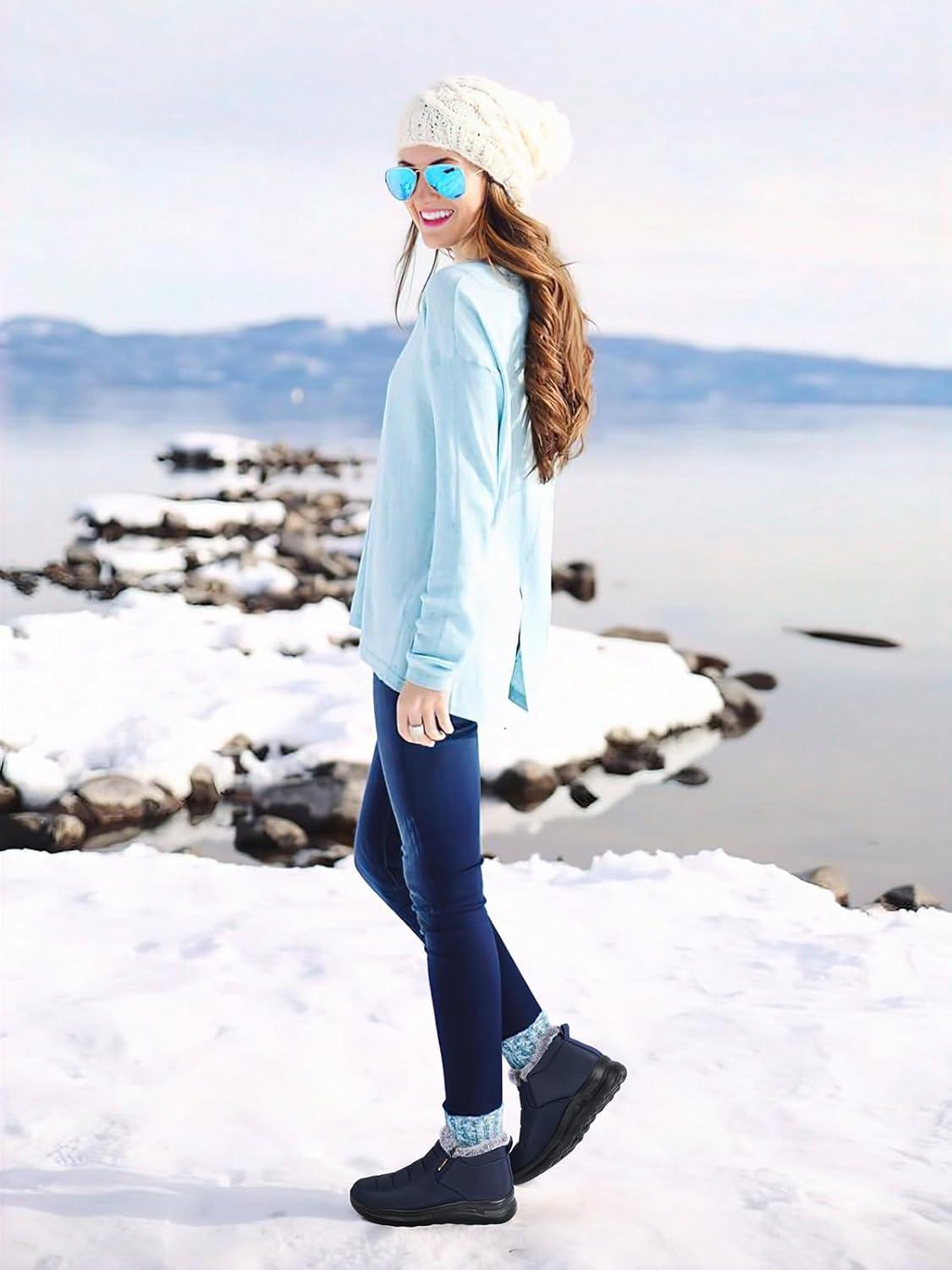 imageTEMOFON Womens Winter Snow Boots Warm Fur Lined Booties Waterproof Outdoor Shoes Comfortable Slip On Ankle BootDarkblue