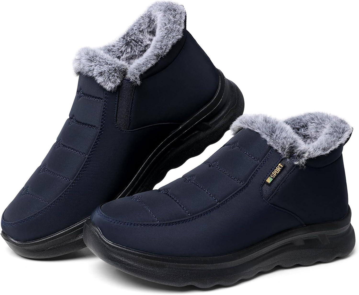 imageTEMOFON Womens Winter Snow Boots Warm Fur Lined Booties Waterproof Outdoor Shoes Comfortable Slip On Ankle BootDarkblue