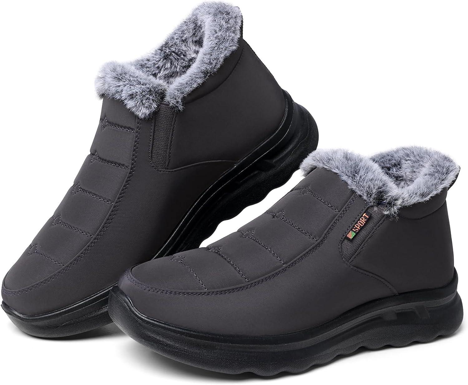 imageTEMOFON Womens Winter Snow Boots Warm Fur Lined Booties Waterproof Outdoor Shoes Comfortable Slip On Ankle BootGrey