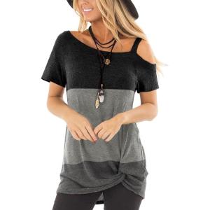 TEMOFON Women Cold Shoulder Tops: Summer Short Sleeve Shirts Casual Twist Knot Blouse T-Shirt S-2XL(152-black Grey)