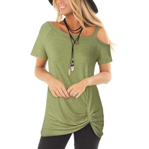 TEMOFON Women Cold Shoulder Tops: Summer Short Sleeve Shirts Casual Twist Knot Blouse T-Shirt S-2XL(152-fruit Green)