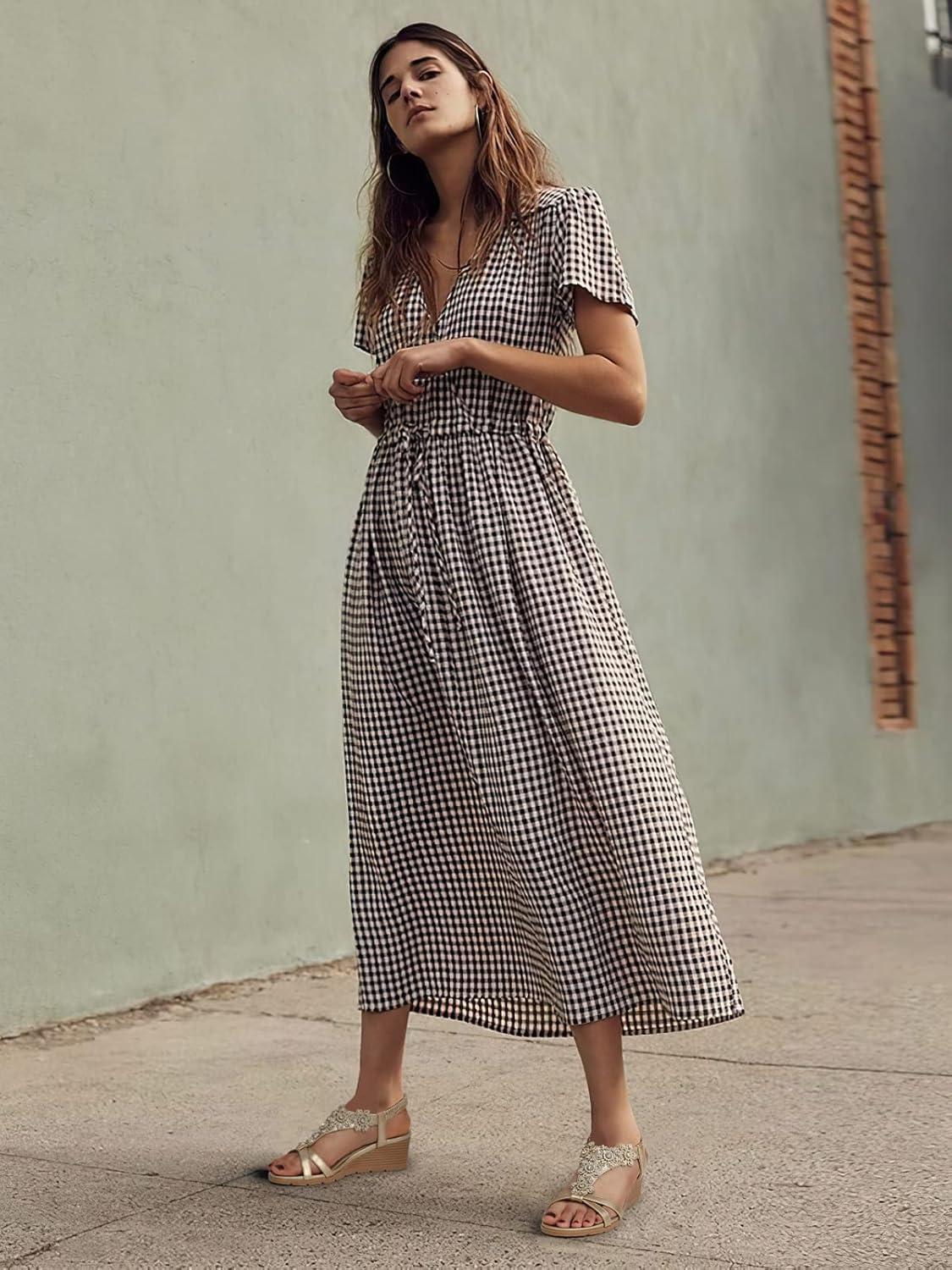 imageTEMOFON Womens Low Wedge Heels Summer Dressy Platform Sandals Elastic Ankle Strap Open Toe Shoes ChampagneGold Size 9