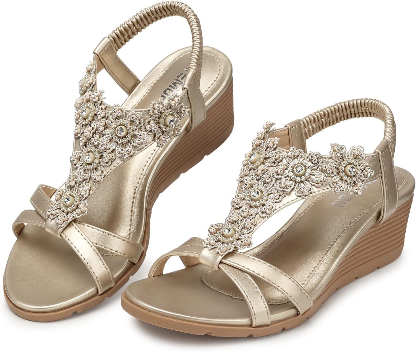 imageTEMOFON Womens Low Wedge Heels Summer Dressy Platform Sandals Elastic Ankle Strap Open Toe Shoes ChampagneGold Size 9