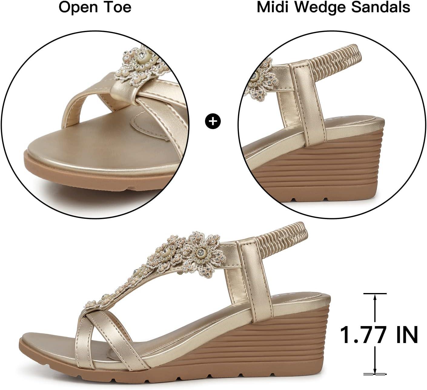 imageTEMOFON Womens Low Wedge Heels Summer Dressy Platform Sandals Elastic Ankle Strap Open Toe Shoes ChampagneGold Size 9