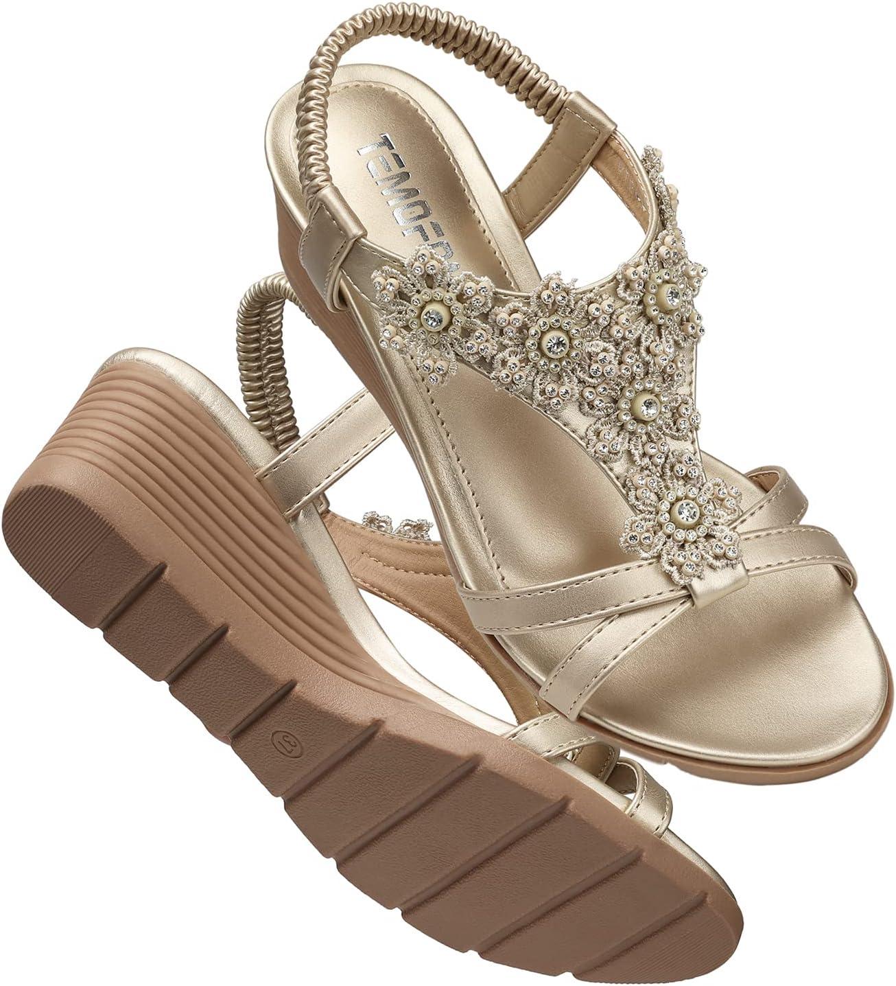 imageTEMOFON Womens Low Wedge Heels Summer Dressy Platform Sandals Elastic Ankle Strap Open Toe Shoes ChampagneGold Size 9
