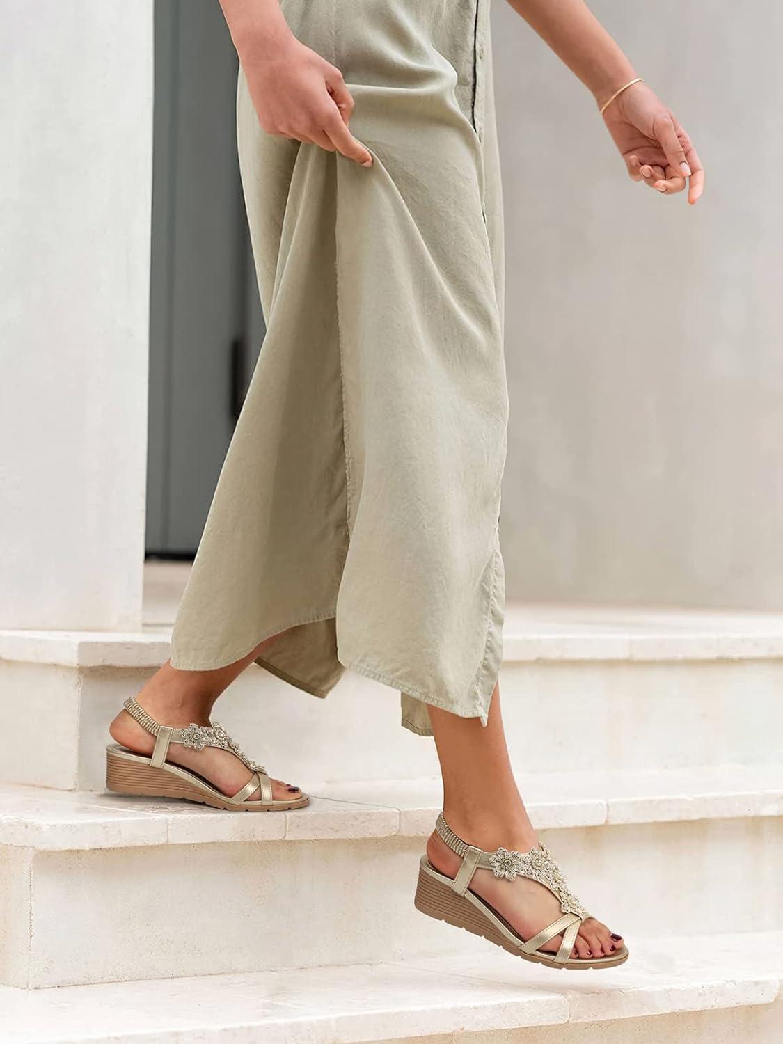 imageTEMOFON Womens Low Wedge Heels Summer Dressy Platform Sandals Elastic Ankle Strap Open Toe Shoes ChampagneGold Size 9