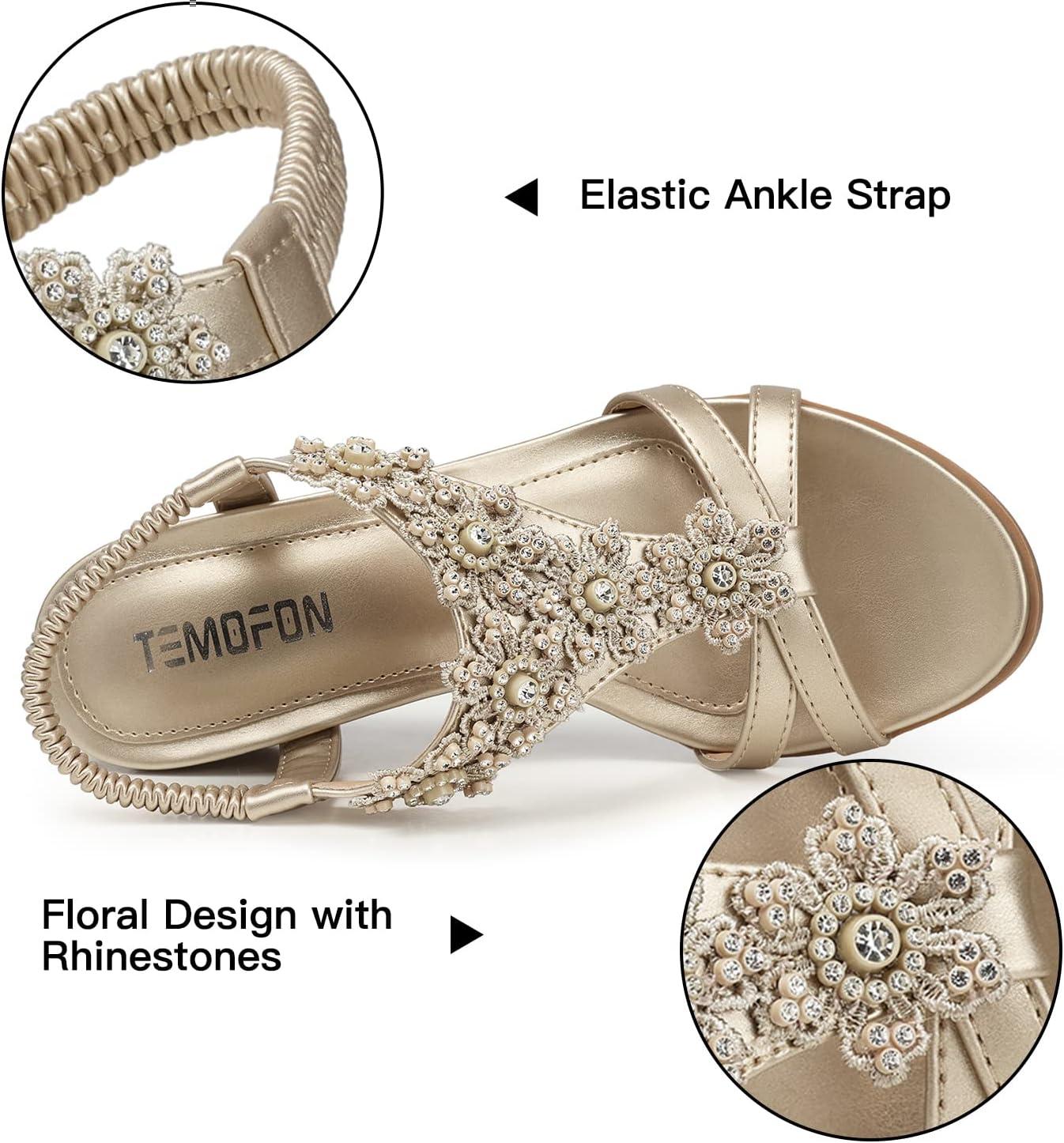 imageTEMOFON Womens Low Wedge Heels Summer Dressy Platform Sandals Elastic Ankle Strap Open Toe Shoes ChampagneGold Size 9