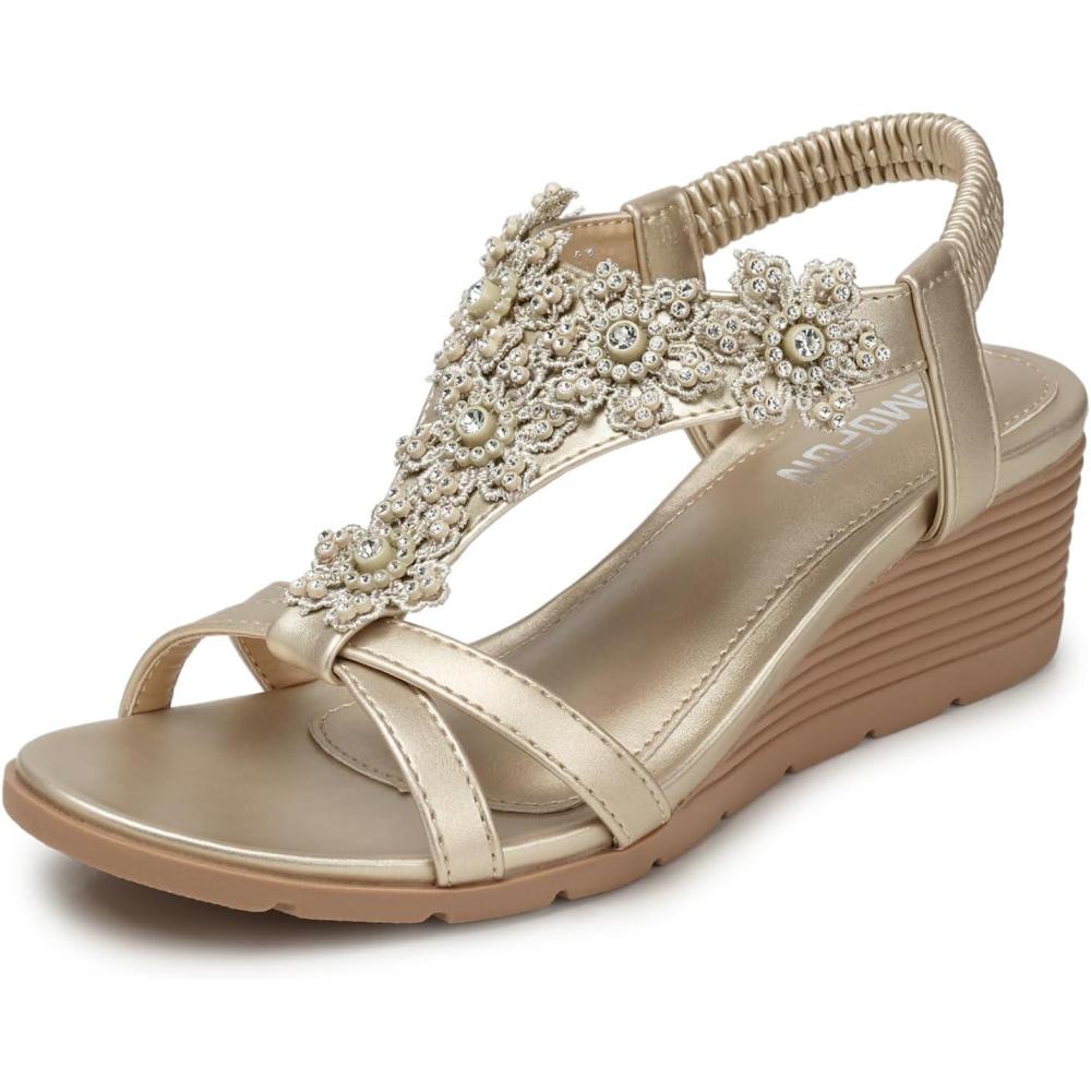 imageTEMOFON Womens Low Wedge Heels Summer Dressy Platform Sandals Elastic Ankle Strap Open Toe Shoes ChampagneGold Size 9