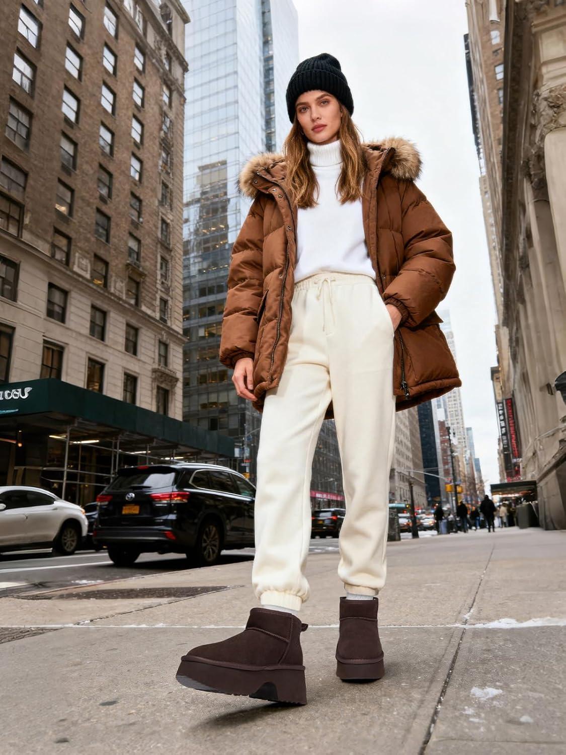 imageTEMOFON Womens Snow Mini Boots Genuine Suede Leather Heights Platform Ankle Boots Winter Warm Fur Lined AntiSlip Fashion Booties64brown