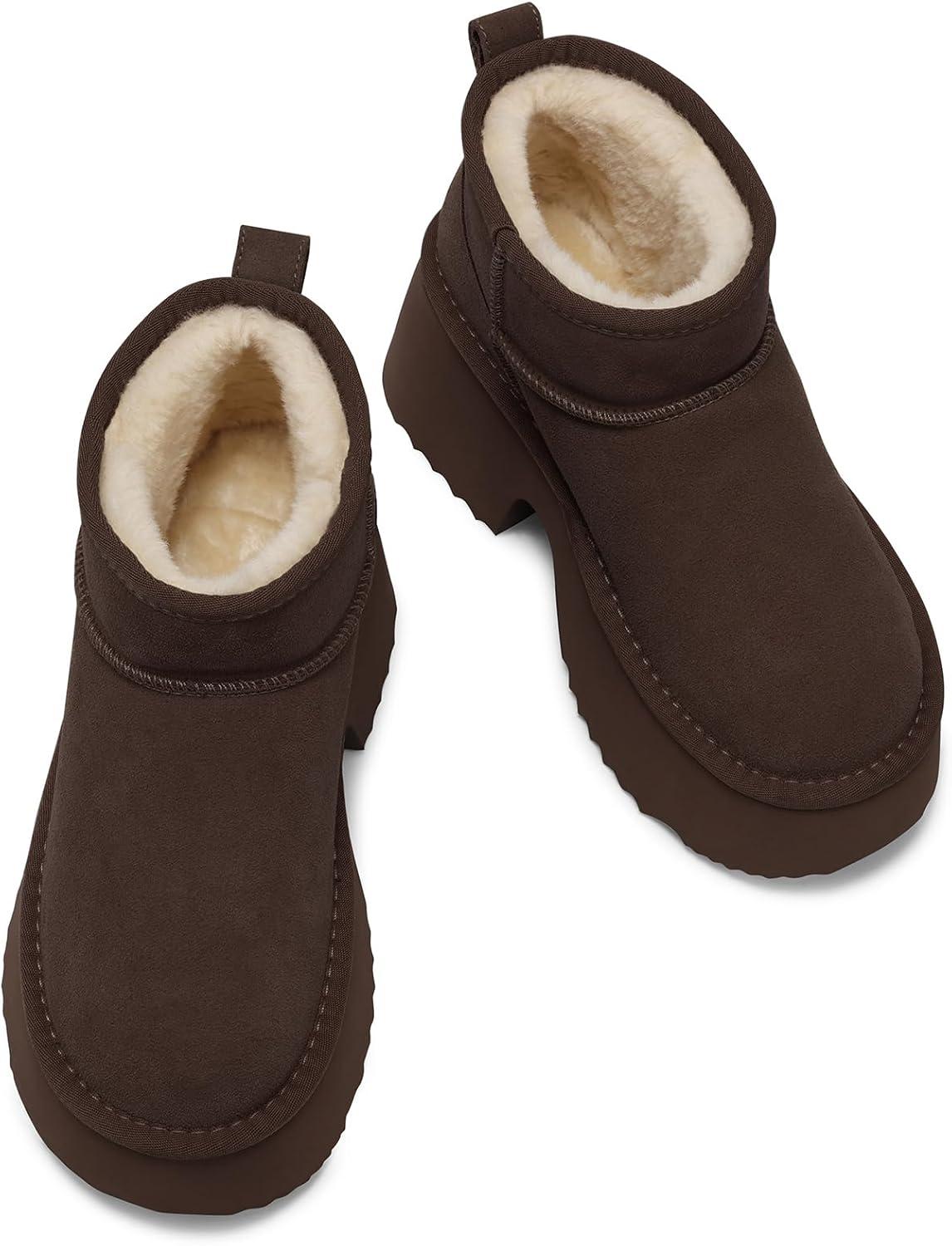 imageTEMOFON Womens Snow Mini Boots Genuine Suede Leather Heights Platform Ankle Boots Winter Warm Fur Lined AntiSlip Fashion Booties64brown