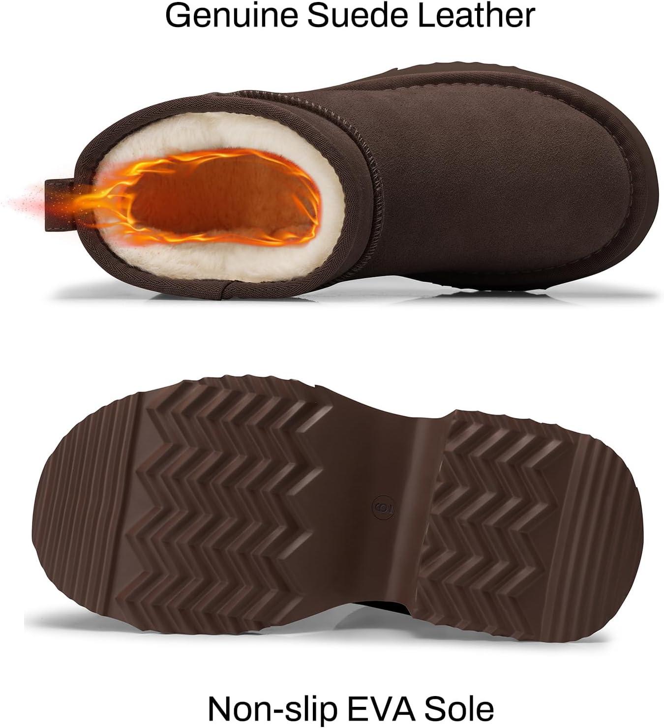 imageTEMOFON Womens Snow Mini Boots Genuine Suede Leather Heights Platform Ankle Boots Winter Warm Fur Lined AntiSlip Fashion Booties64brown