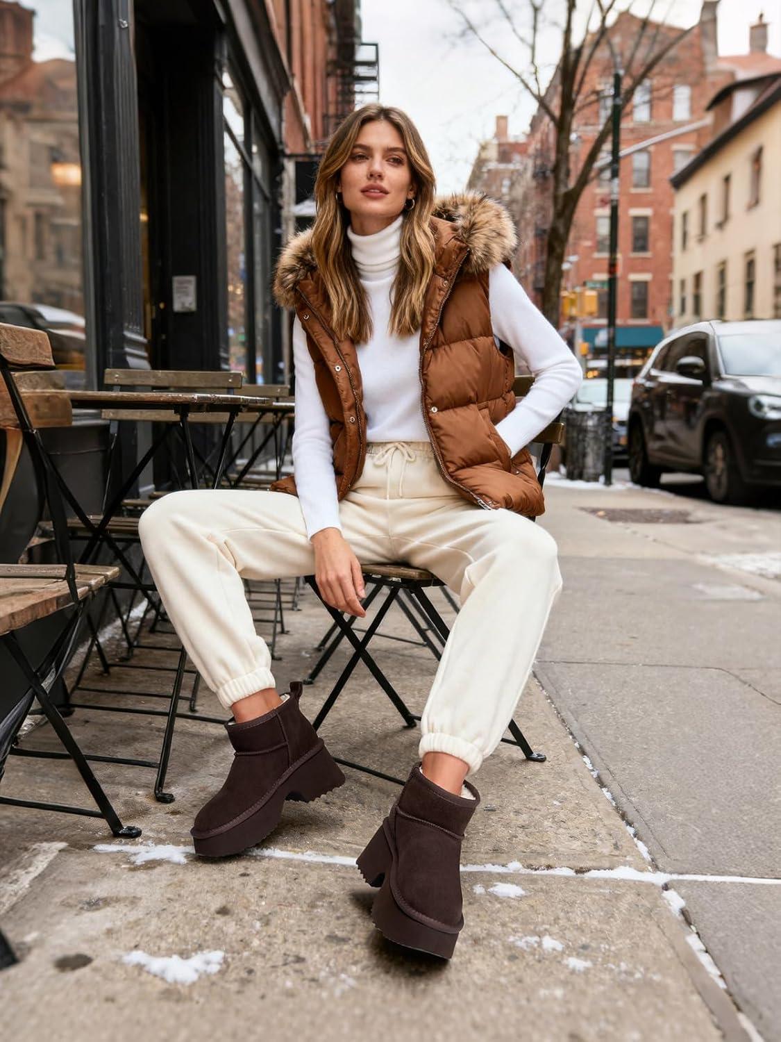 imageTEMOFON Womens Snow Mini Boots Genuine Suede Leather Heights Platform Ankle Boots Winter Warm Fur Lined AntiSlip Fashion Booties64brown