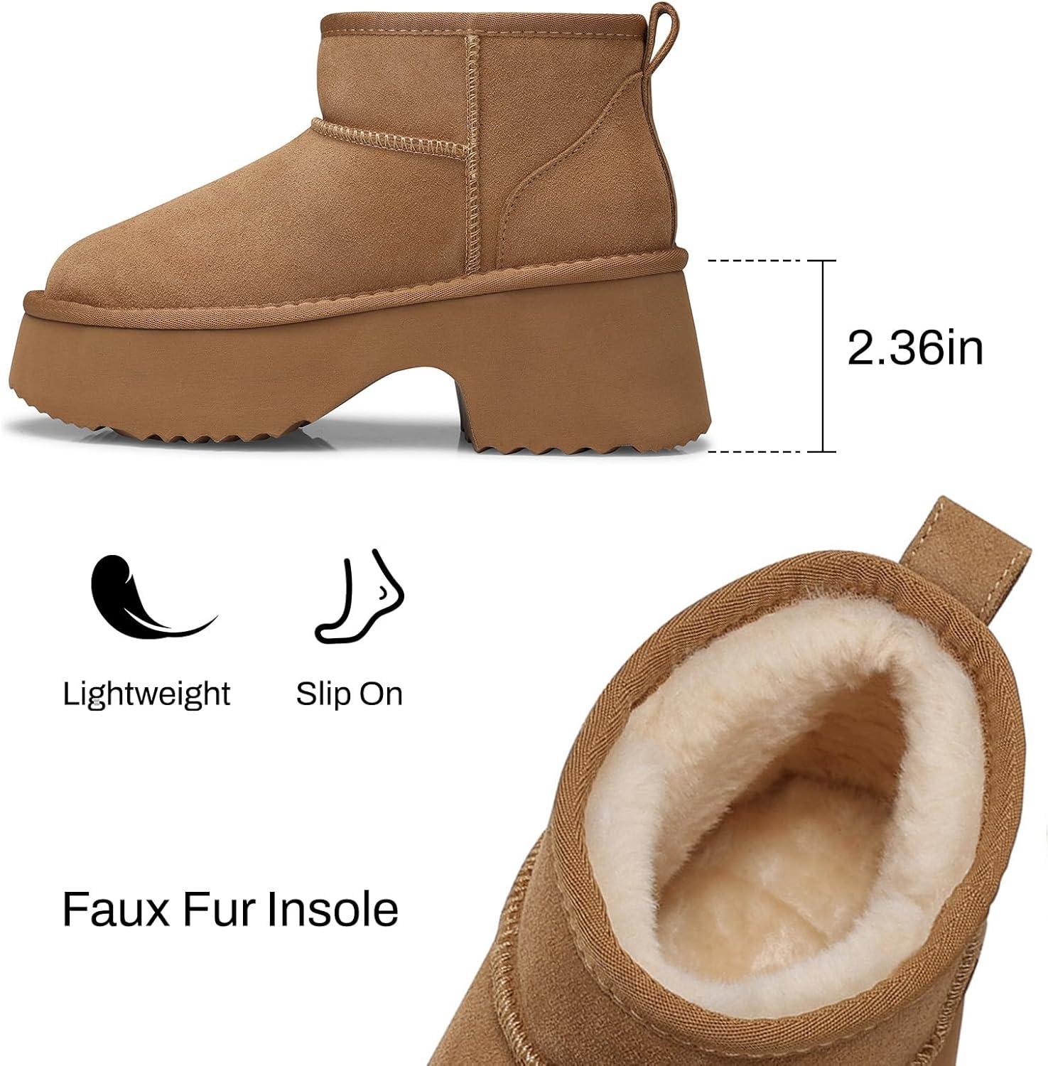 imageTEMOFON Womens Snow Mini Boots Genuine Suede Leather Heights Platform Ankle Boots Winter Warm Fur Lined AntiSlip Fashion Booties64chestnut