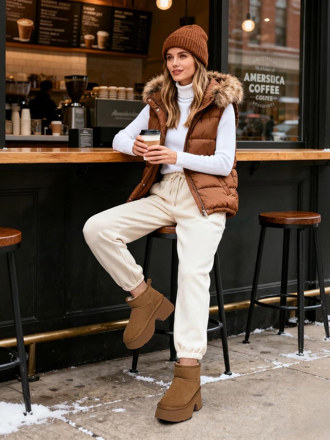 imageTEMOFON Womens Snow Mini Boots Genuine Suede Leather Heights Platform Ankle Boots Winter Warm Fur Lined AntiSlip Fashion Booties64chestnut