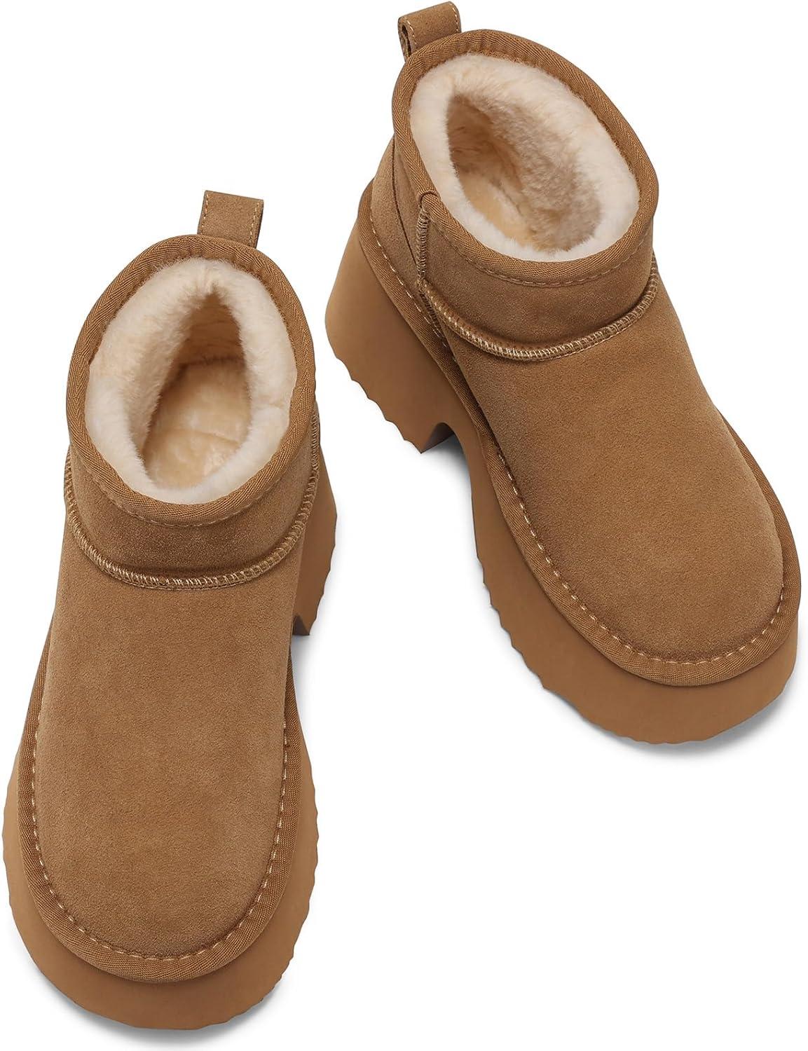 imageTEMOFON Womens Snow Mini Boots Genuine Suede Leather Heights Platform Ankle Boots Winter Warm Fur Lined AntiSlip Fashion Booties64chestnut