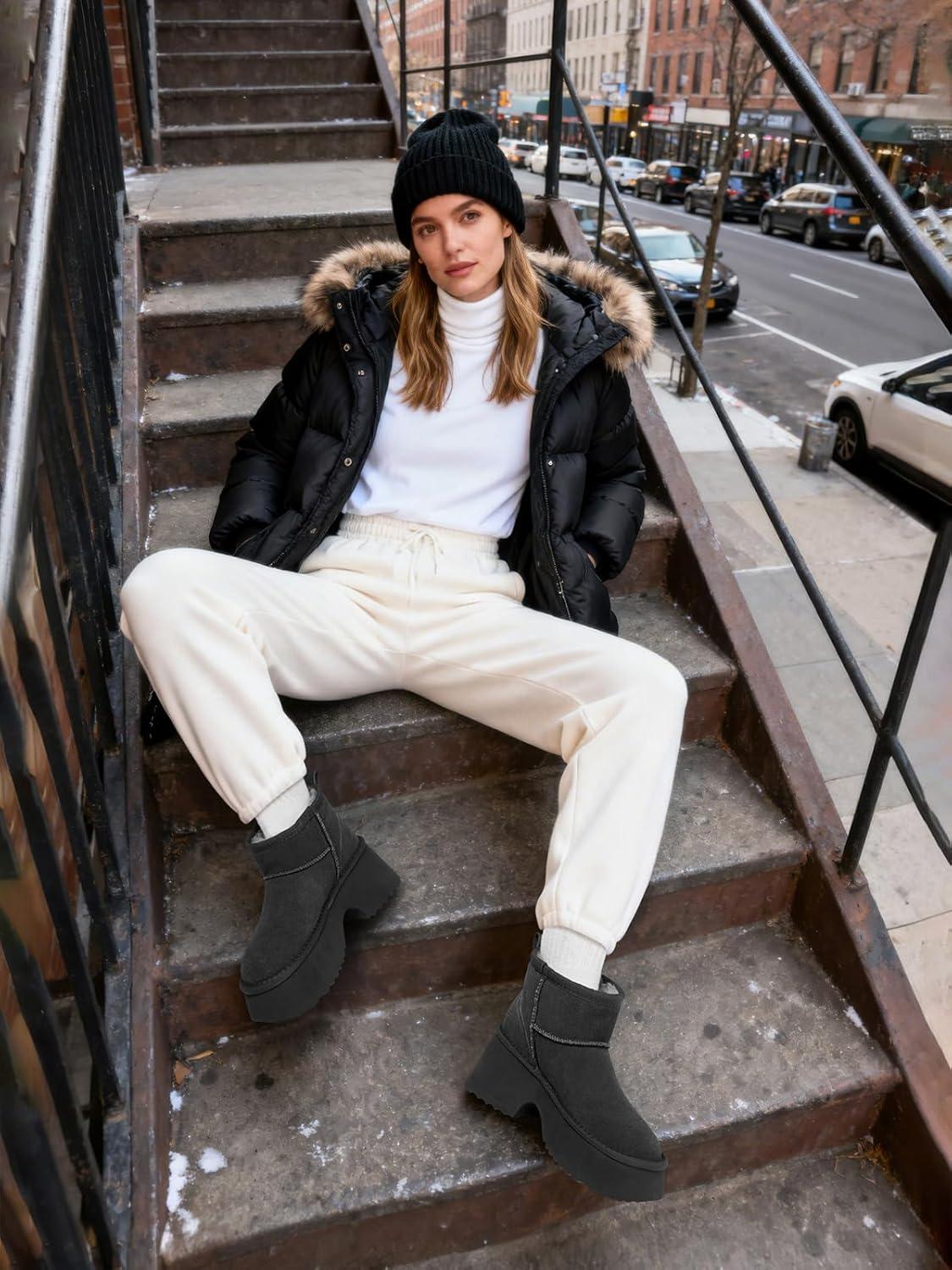 imageTEMOFON Womens Snow Mini Boots Genuine Suede Leather Heights Platform Ankle Boots Winter Warm Fur Lined AntiSlip Fashion Booties64gray