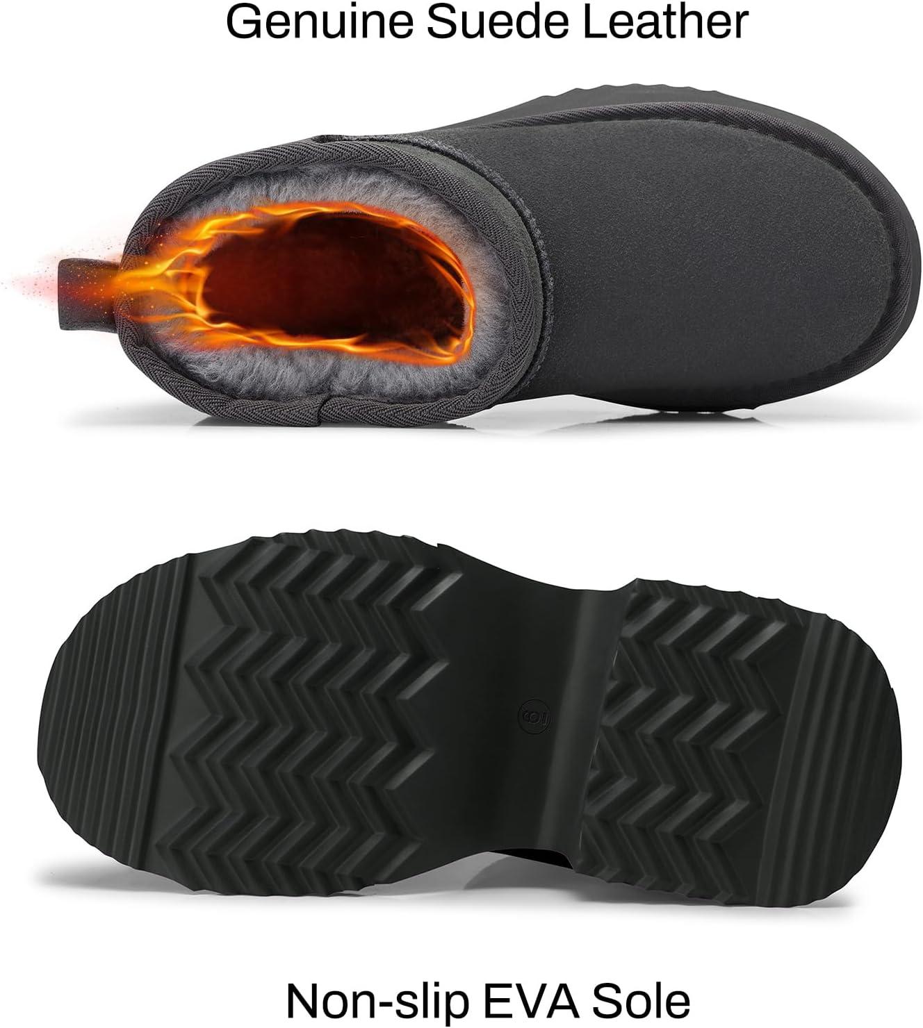 imageTEMOFON Womens Snow Mini Boots Genuine Suede Leather Heights Platform Ankle Boots Winter Warm Fur Lined AntiSlip Fashion Booties64gray