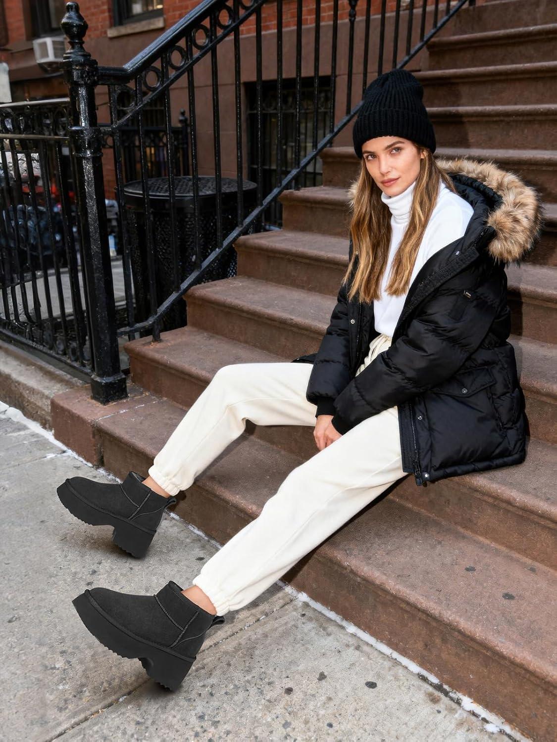 imageTEMOFON Womens Snow Mini Boots Genuine Suede Leather Heights Platform Ankle Boots Winter Warm Fur Lined AntiSlip Fashion Booties64gray