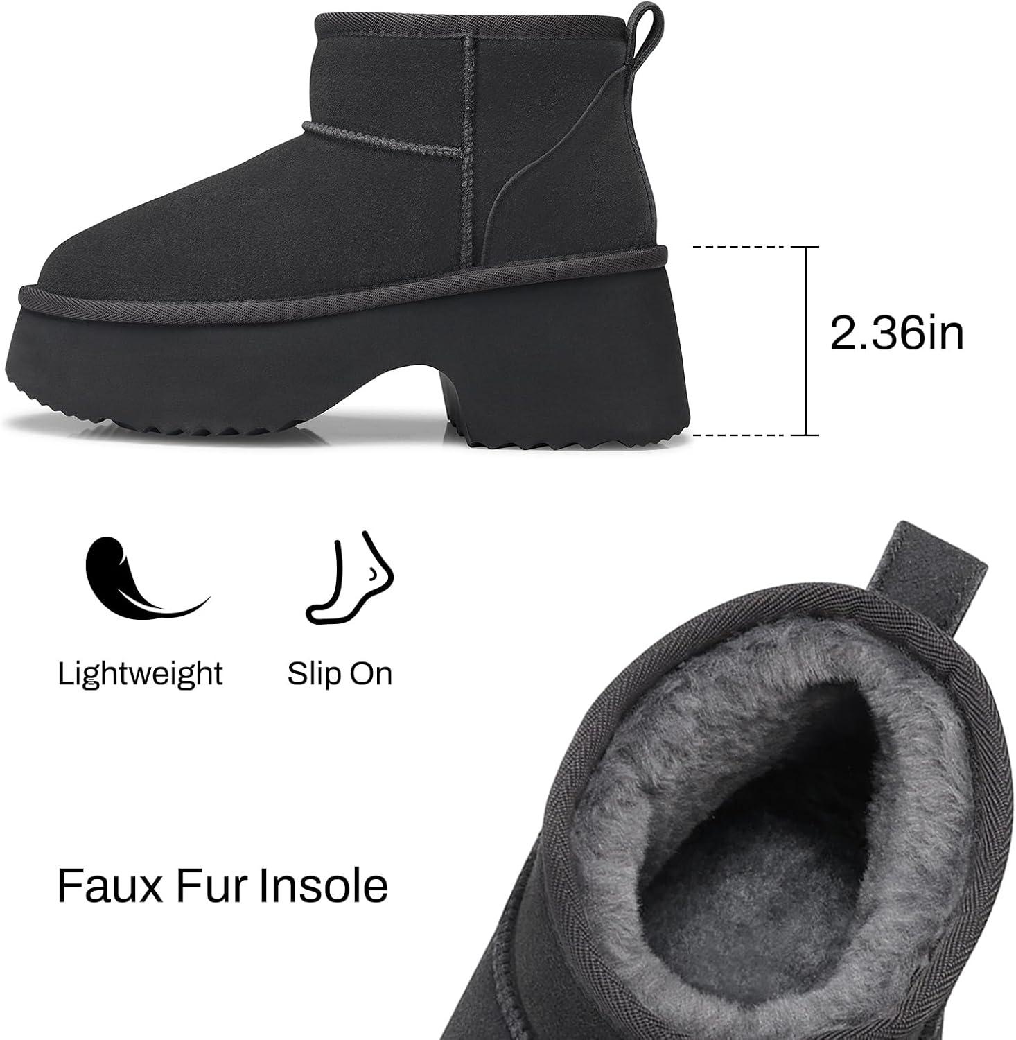 imageTEMOFON Womens Snow Mini Boots Genuine Suede Leather Heights Platform Ankle Boots Winter Warm Fur Lined AntiSlip Fashion Booties64gray