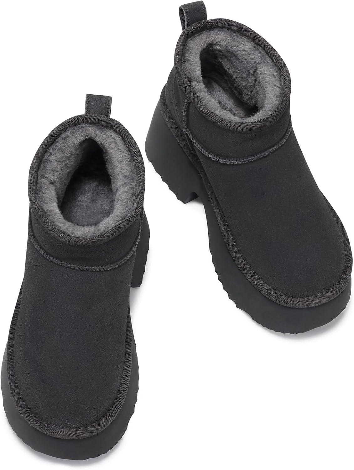 imageTEMOFON Womens Snow Mini Boots Genuine Suede Leather Heights Platform Ankle Boots Winter Warm Fur Lined AntiSlip Fashion Booties64gray