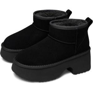 TEMOFON Womens Snow Mini Boots: Genuine Suede Leather Heights Platform Ankle Boots – Winter Warm Fur Lined Anti-Slip Fashion Booties(64-black)