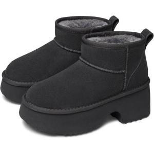 TEMOFON Womens Snow Mini Boots: Genuine Suede Leather Heights Platform Ankle Boots – Winter Warm Fur Lined Anti-Slip Fashion Booties(64-gray)