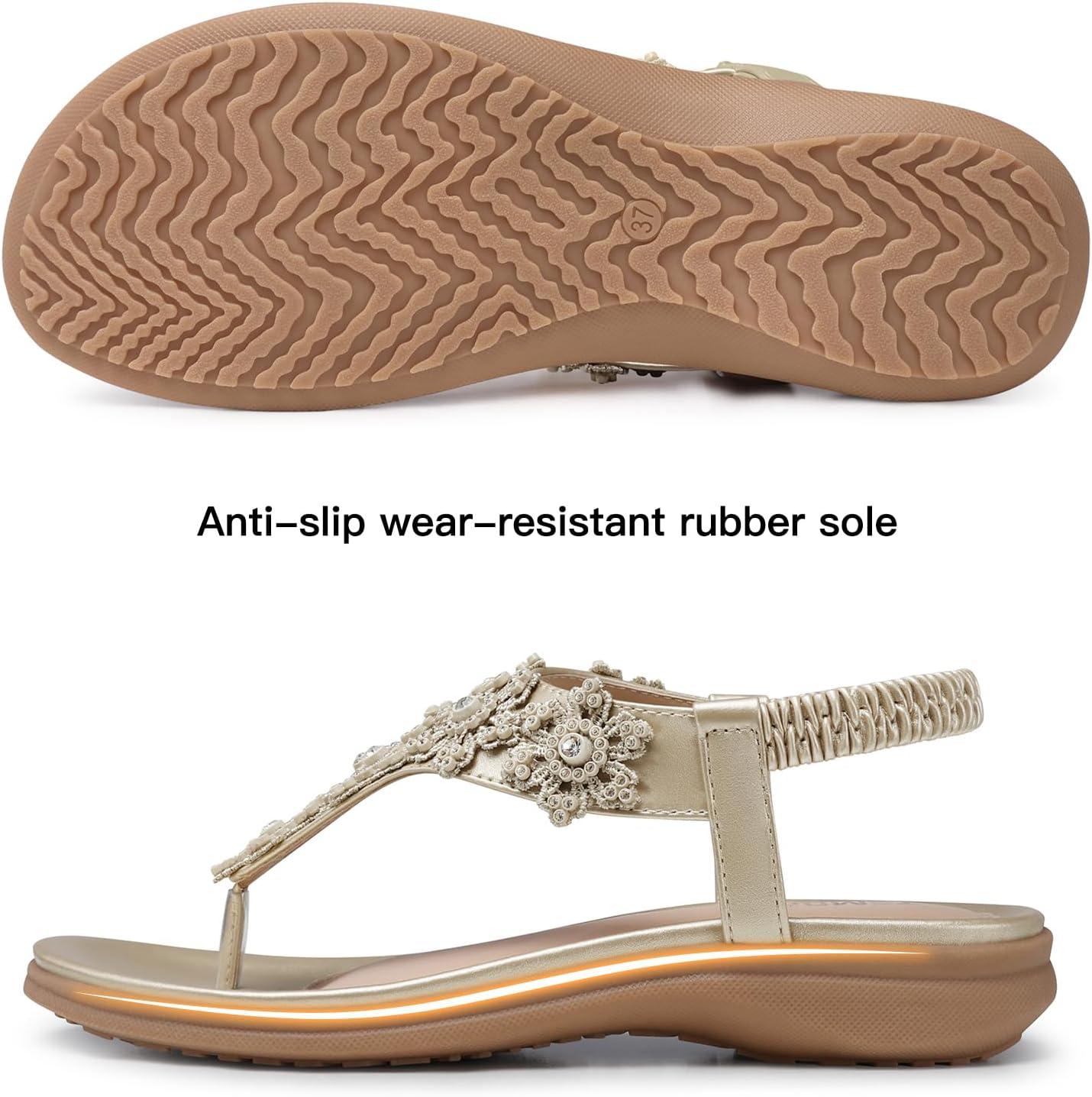 imageTEMOFON Sandals for Women Flat Dressy Summer Flower Sandals with Ankle Strap Comfortable Casual Walking Flat Sandals Size 51128champagne