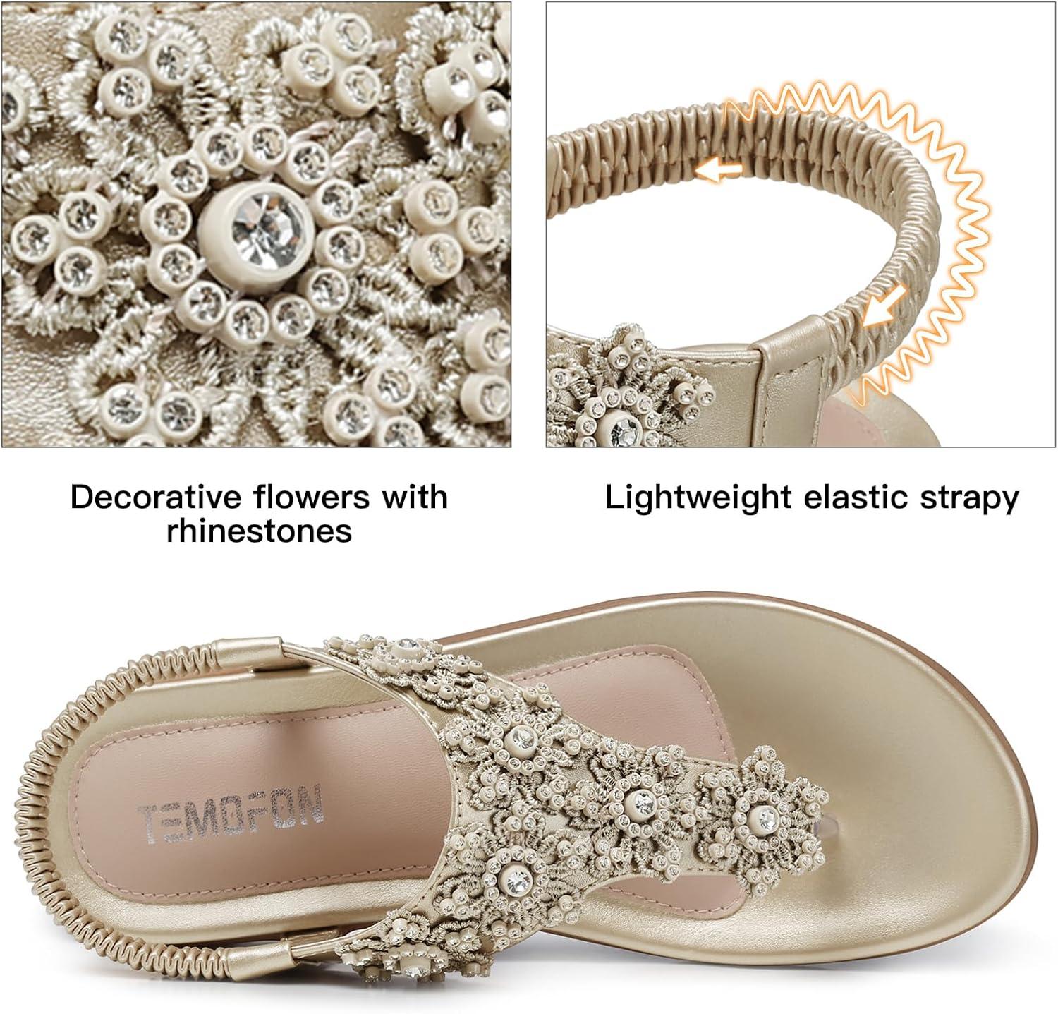 imageTEMOFON Sandals for Women Flat Dressy Summer Flower Sandals with Ankle Strap Comfortable Casual Walking Flat Sandals Size 51128champagne