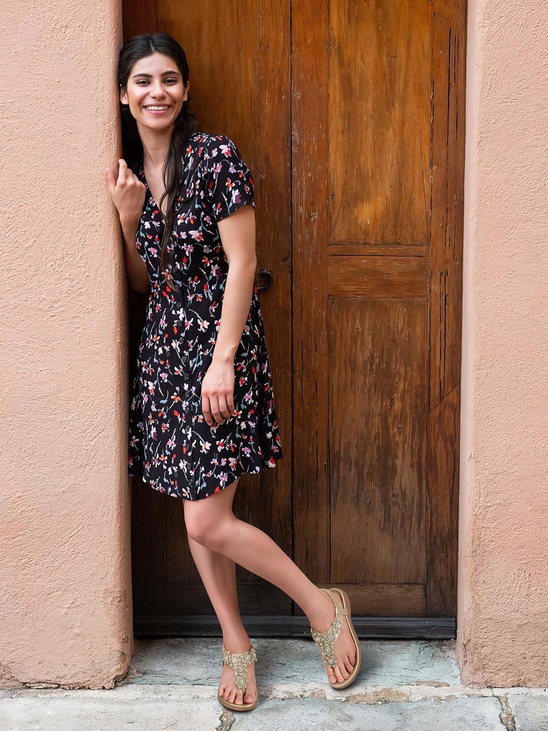 imageTEMOFON Sandals for Women Flat Dressy Summer Flower Sandals with Ankle Strap Comfortable Casual Walking Flat Sandals Size 51128champagne