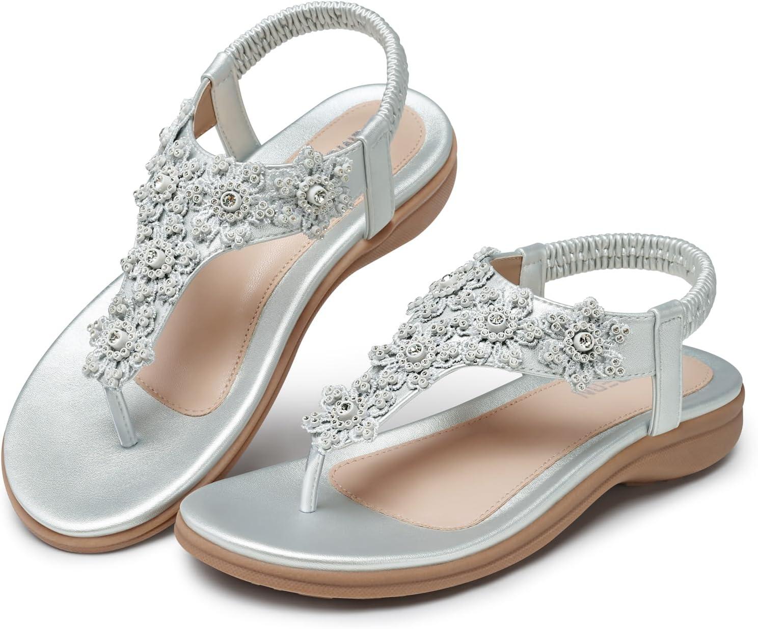 imageTEMOFON Sandals for Women Flat Dressy Summer Flower Sandals with Ankle Strap Comfortable Casual Walking Flat Sandals Size 51128siilver