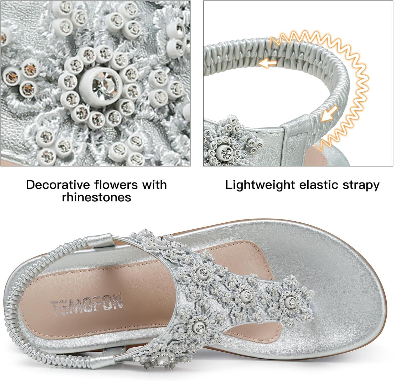 imageTEMOFON Sandals for Women Flat Dressy Summer Flower Sandals with Ankle Strap Comfortable Casual Walking Flat Sandals Size 51128siilver