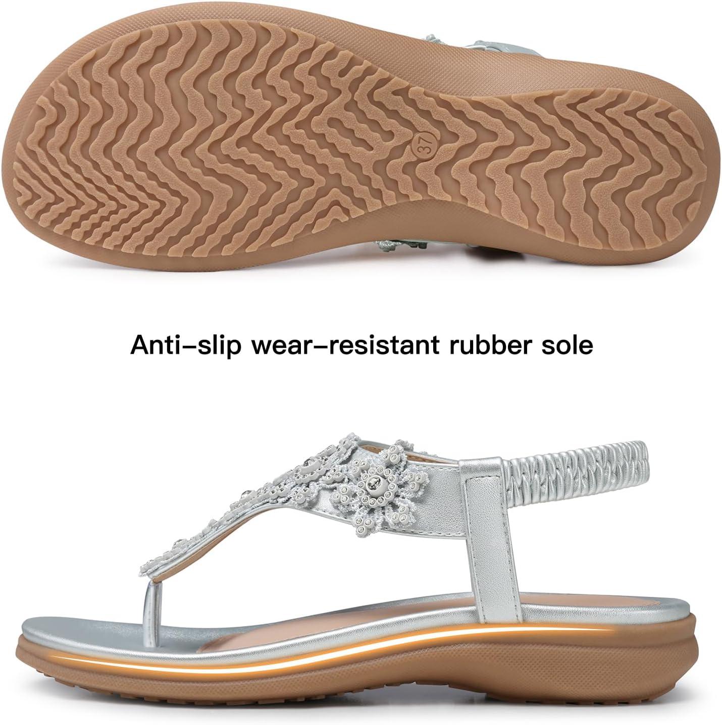 imageTEMOFON Sandals for Women Flat Dressy Summer Flower Sandals with Ankle Strap Comfortable Casual Walking Flat Sandals Size 51128siilver