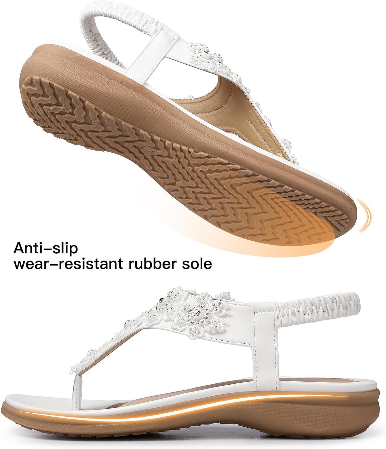 imageTEMOFON Sandals for Women Flat Dressy Summer Flower Sandals with Ankle Strap Comfortable Casual Walking Flat Sandals Size 51128white