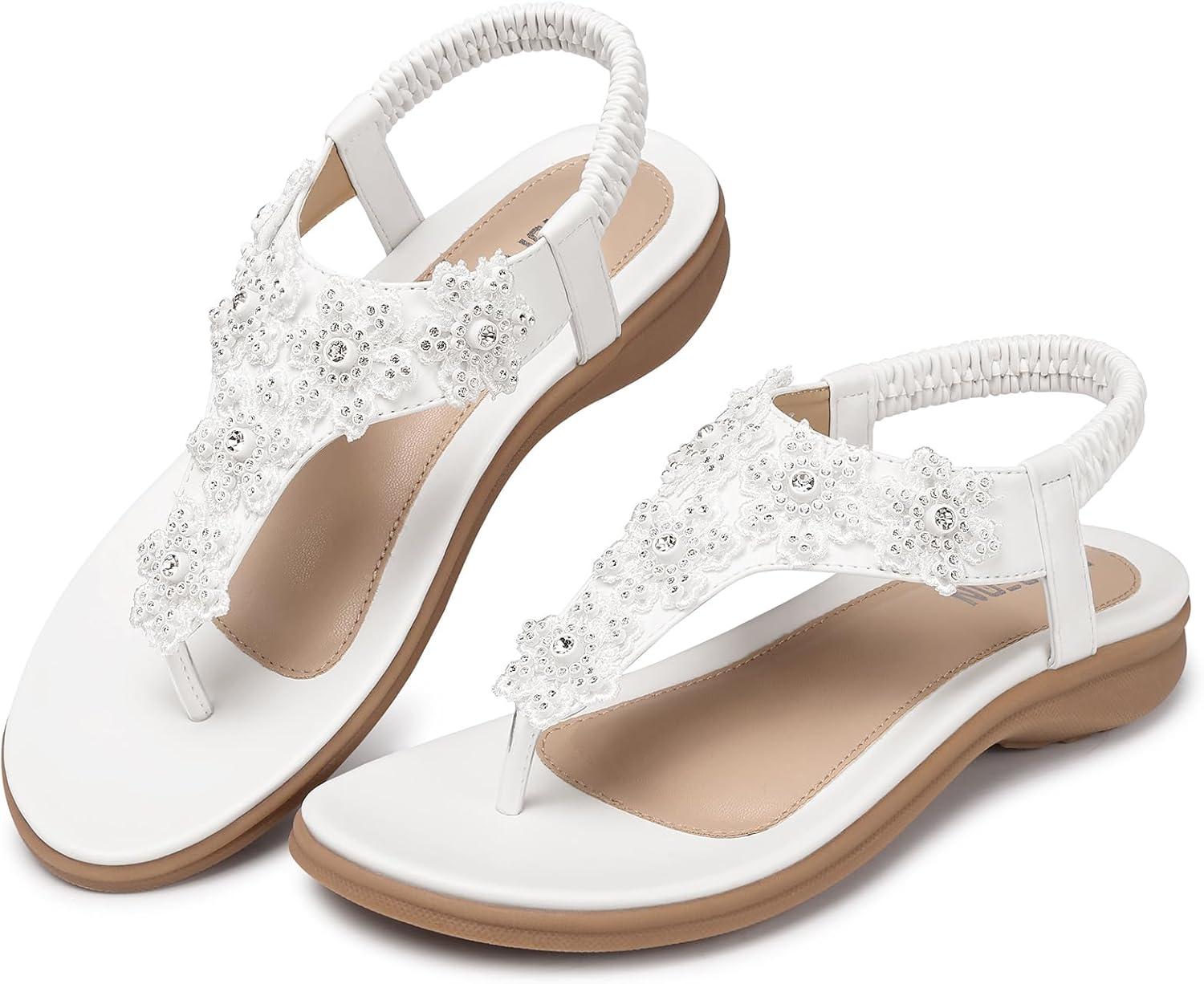 imageTEMOFON Sandals for Women Flat Dressy Summer Flower Sandals with Ankle Strap Comfortable Casual Walking Flat Sandals Size 51128white