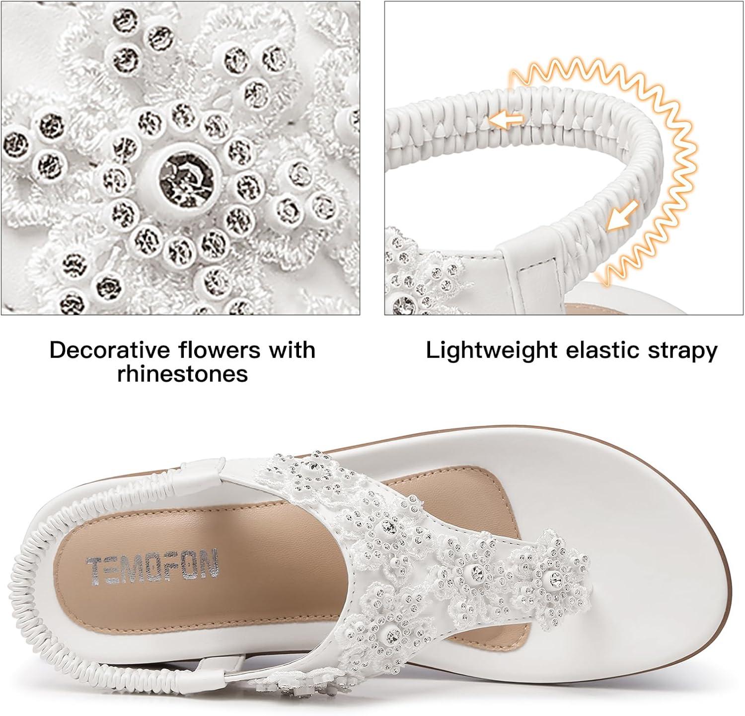 imageTEMOFON Sandals for Women Flat Dressy Summer Flower Sandals with Ankle Strap Comfortable Casual Walking Flat Sandals Size 51128white