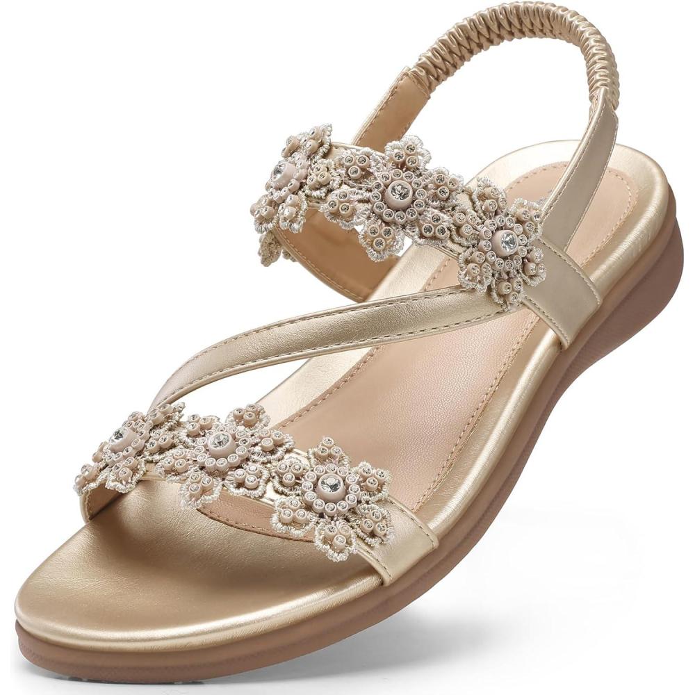 imageTEMOFON Sandals for Women Flat Dressy Summer Flower Sandals with Ankle Strap Comfortable Casual Walking Flat Sandals Size 51123champagne