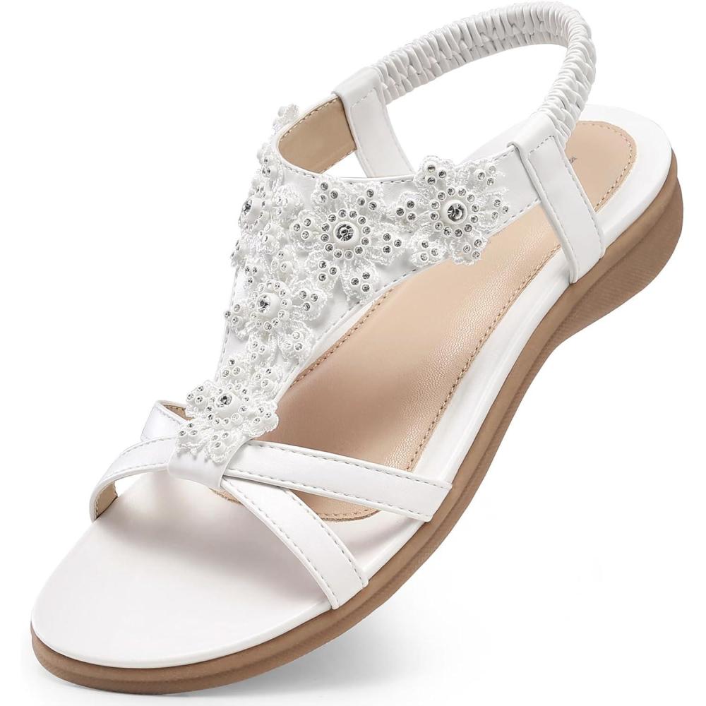 imageTEMOFON Sandals for Women Flat Dressy Summer Flower Sandals with Ankle Strap Comfortable Casual Walking Flat Sandals Size 51127white