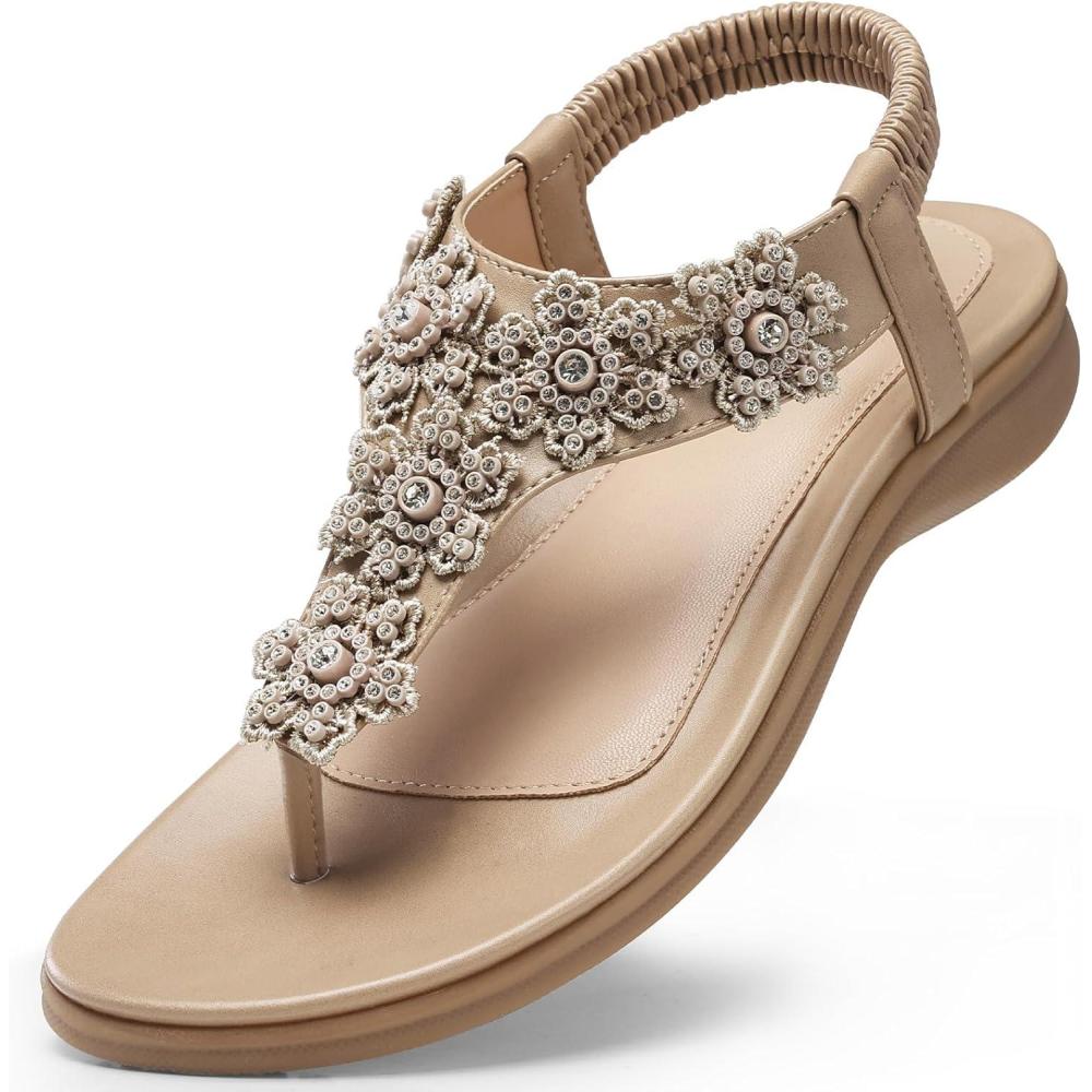 imageTEMOFON Sandals for Women Flat Dressy Summer Flower Sandals with Ankle Strap Comfortable Casual Walking Flat Sandals Size 51128apricot