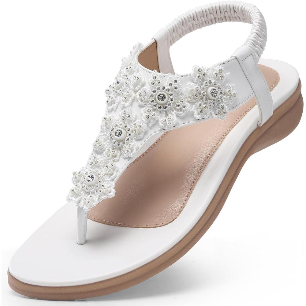 imageTEMOFON Sandals for Women Flat Dressy Summer Flower Sandals with Ankle Strap Comfortable Casual Walking Flat Sandals Size 51128white
