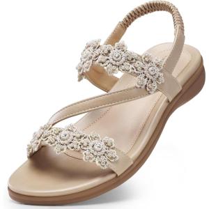 TEMOFON Sandals for Women Flat Dressy Summer Flower Sandals with Ankle Strap Comfortable Casual Walking Flat Sandals Size 5-11(23-apricot)