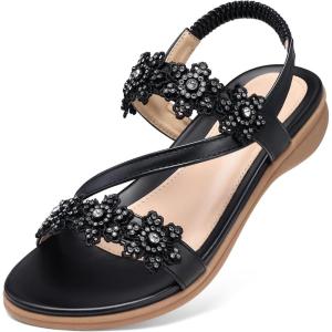 TEMOFON Sandals for Women Flat Dressy Summer Flower Sandals with Ankle Strap Comfortable Casual Walking Flat Sandals Size 5-11(23-black)