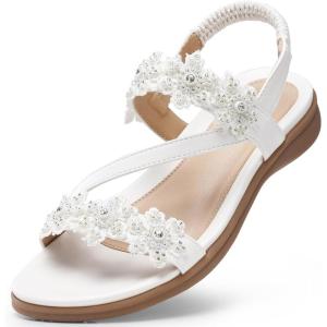 TEMOFON Sandals for Women Flat Dressy Summer Flower Sandals with Ankle Strap Comfortable Casual Walking Flat Sandals Size 5-11(23-white)