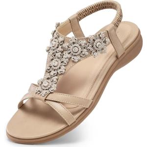 TEMOFON Sandals for Women Flat Dressy Summer Flower Sandals with Ankle Strap Comfortable Casual Walking Flat Sandals Size 5-11(27apricot)