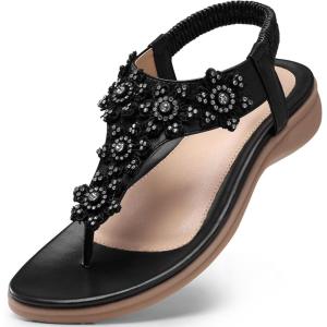 TEMOFON Sandals for Women Flat Dressy Summer Flower Sandals with Ankle Strap Comfortable Casual Walking Flat Sandals Size 5-11(28-black)