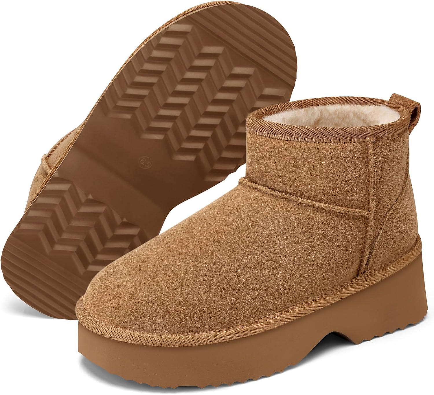 imageTEMOFON Snow Ankle Boots for Women Genuine Suede Leather Winter Booties Waterproof Warm AntiSlip Memory Foam Platform Outdoor ShoesChestnut